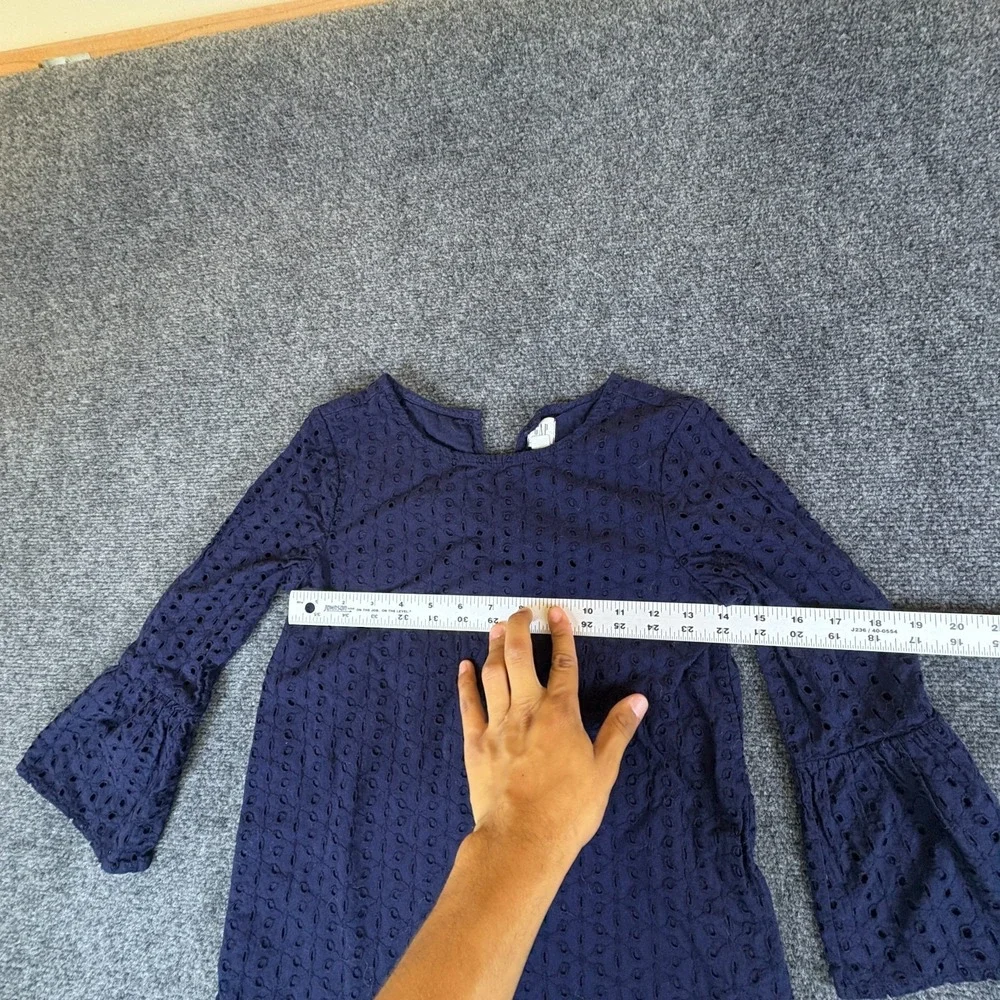 Gap Top Kids XL 12‎ Navy Blue Cotton Eyelet Bell Sleeve Crew Neck Keyhole Back